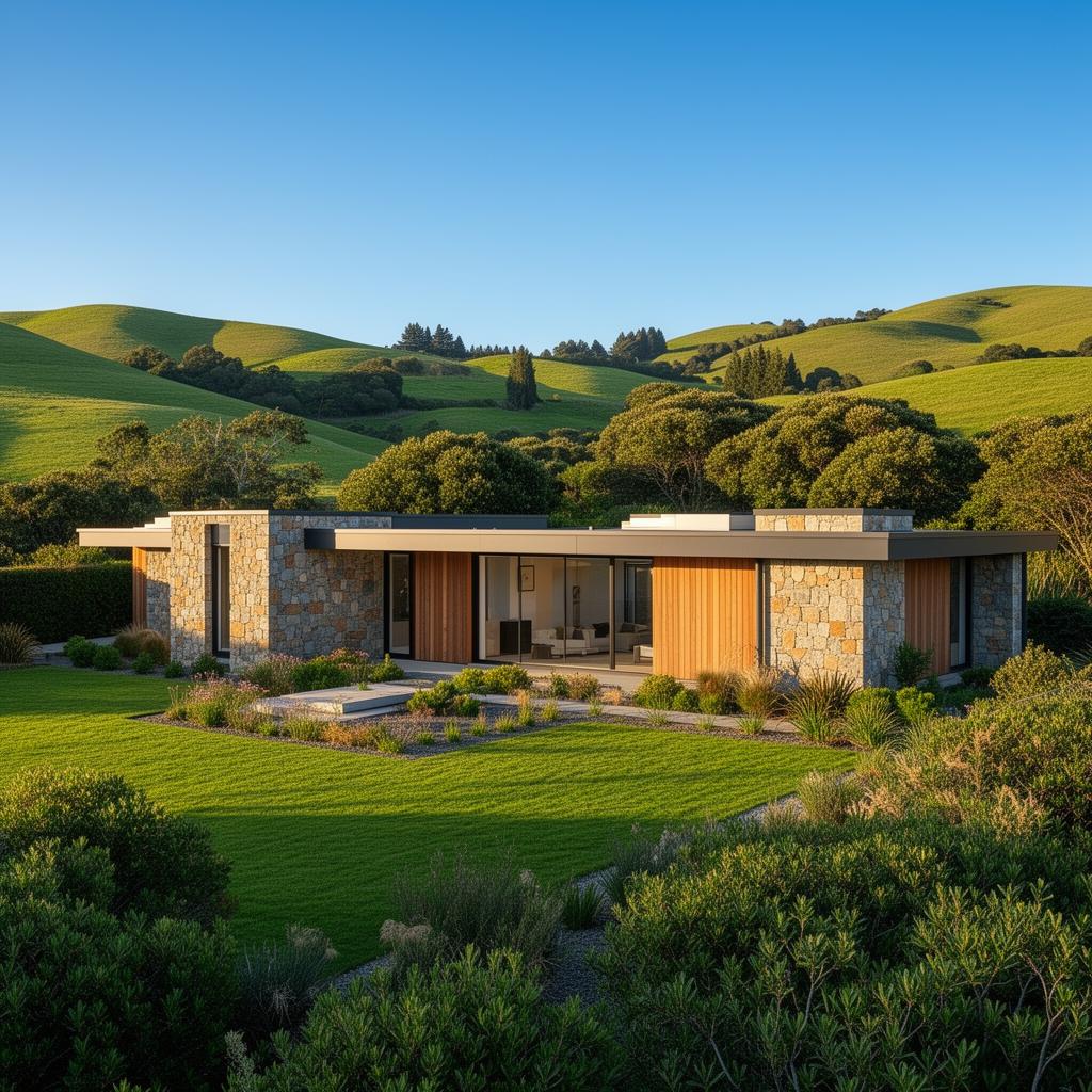 Modern New Zealand architectural home with stone and timber facade set in rolling green hills